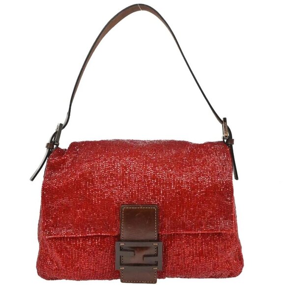 Fendi Red Beaded Mamma Baguette Handbag - Picture 1 of 10